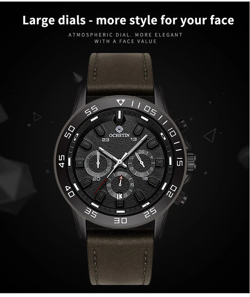 OCHSTIN Men’s Quartz Watch – Waterproof, Leather Strap, 24-Hour Display, Multifunction Classic Wristwatch