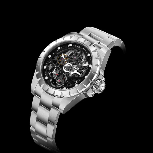 Boderry Windmill Men's Skeleton Watch – Automatic Mechanical Waterproof Sports Wristwatch, Stylish Fashion Timepiece