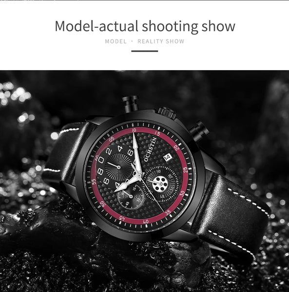 OCHSTIN Men’s Quartz Chronograph Watch – Waterproof, Leather Strap, Luminous Hands, Luxury Wristwatch
