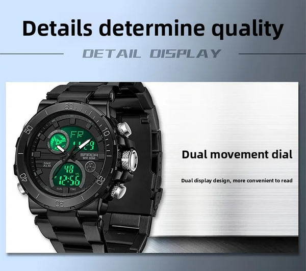 Solar-Powered Business Watch – Dual Display, Steel Band, Luminous Hands