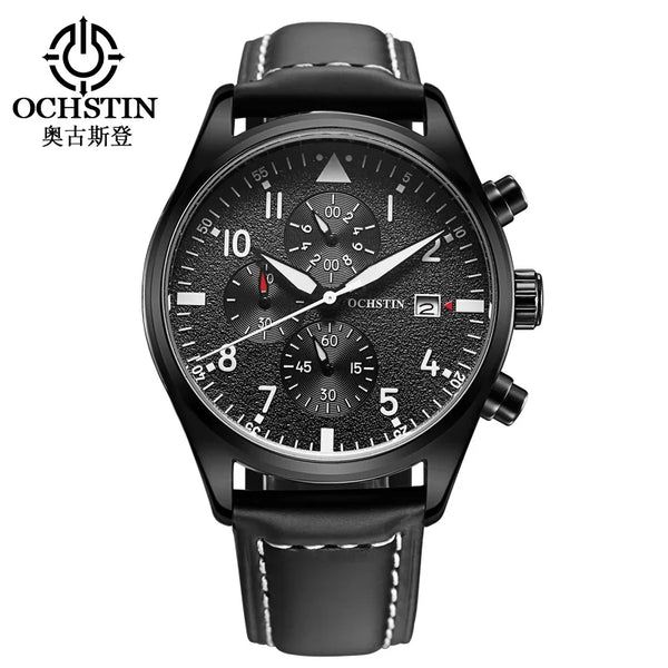 OCHSTIN Men’s Sports Watch – Waterproof Quartz, Calendar, Three-Eye Dial, Leather Strap, Fashion Casual