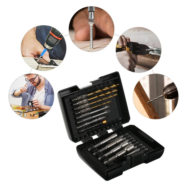 The 15PCS Drill & Screwdriver Bit Set is a compact, versatile kit designed for power tools, ideal for drilling into wood, metal, steel, and handling security screws. It’s perfect for DIY tasks, furniture assembly, and gener