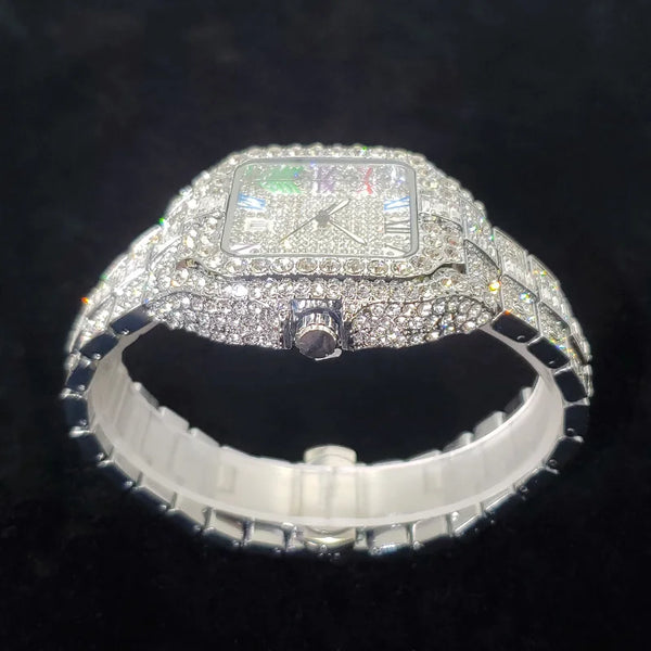 2025 Men's Iced Out Watch – Square, Diamond Bling, Colorful Numbers, Hip Hop Style
