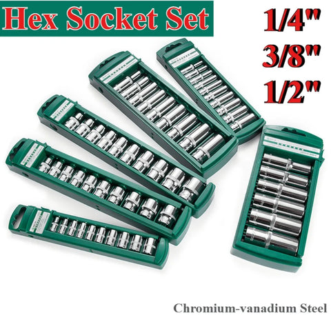 Hex Socket Wrench Head Set For Ratchet 1/4 3/8 1/2 Short Long Socket Deep Nut Driver Sleeve Spanner End Ratchet Tool