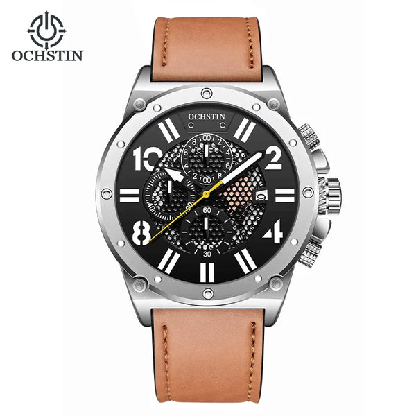 OCHSTIN Men’s Quartz Watch – Waterproof, Leather Strap, Luminous Hands, Multifunction Chronograph