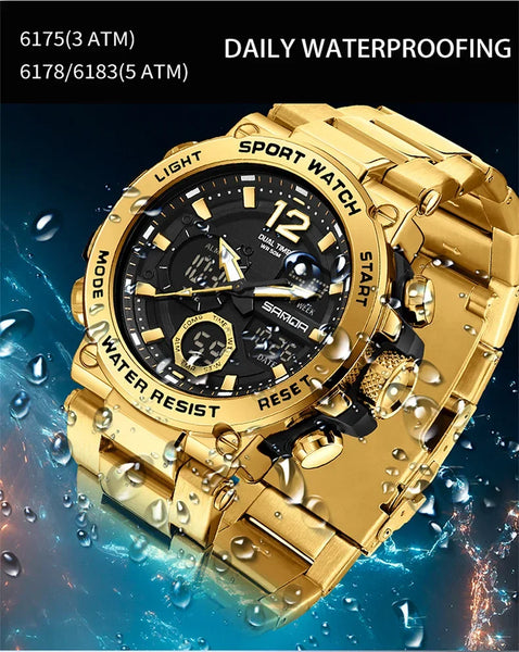 Solar-Powered Business Watch – Dual Display, Steel Band, Luminous Hands