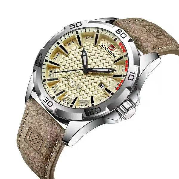 VA VA VOOM Men's Sport Quartz Watch – Military Style, Calendar, Waterproof, Leather
