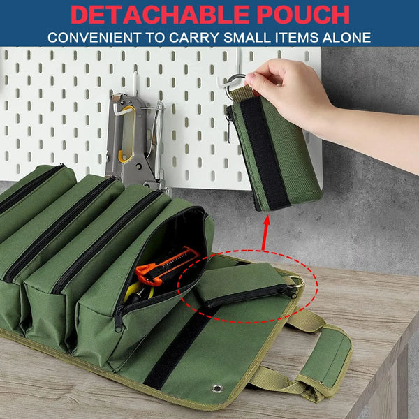 Heavy Duty Roll Up Tool Bag Portable Tool Organizer with 2 Small Pouches for Mechanics Foldable Storage Solution