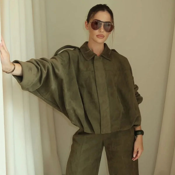 HXAO Women’s Suede Bomber Jacket – Cropped Racing Style, Lapel Zip Coat, High Street 2025 Fashion