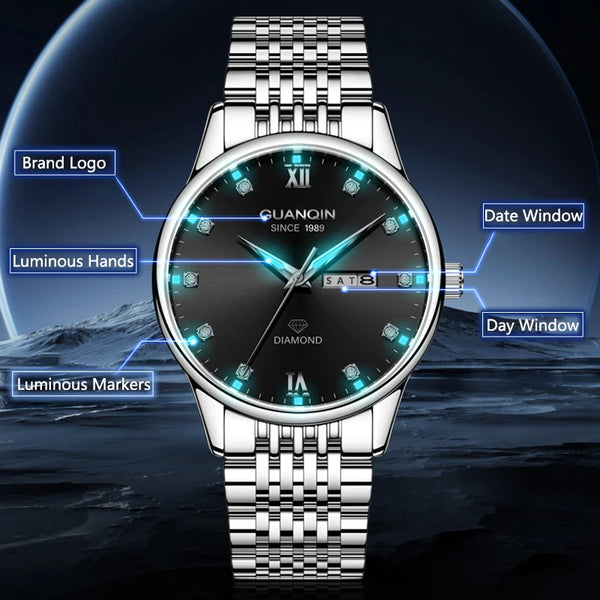 GUANQIN Men's Luxury Quartz Watch – Dual-Language Date, Waterproof, Luminous