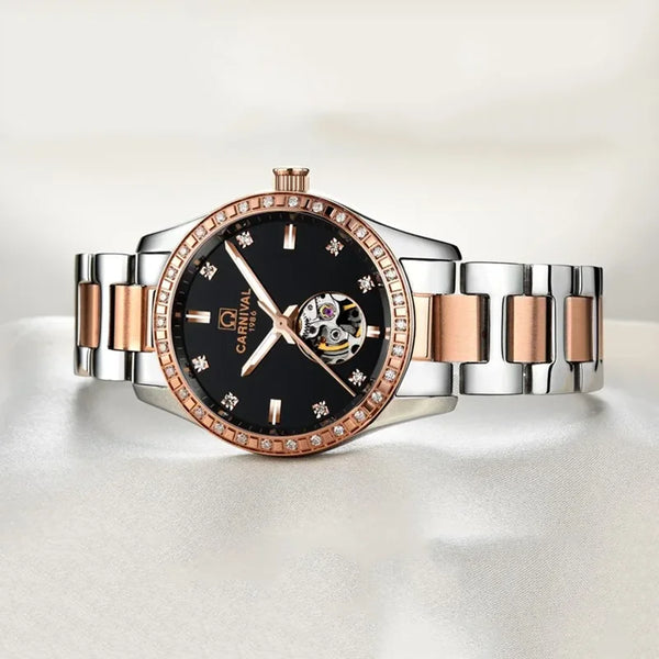 CARNIVAL Women’s Gold Automatic Watch – Tourbillon, Sapphire, Waterproof Stainless Steel, Elegant Reloj Mujer