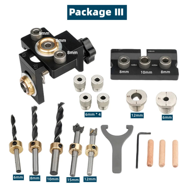 3 In 1 Adjustable Doweling Jig Woodworking Pocket Hole Jig with 6/8/10/12/15mm Drill Bit for Drilling Guide Locator Puncher Tool
