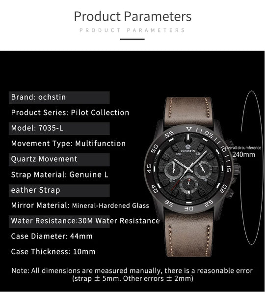 OCHSTIN Men’s Quartz Watch – Waterproof, Leather Strap, 24-Hour Display, Multifunction Classic Wristwatch