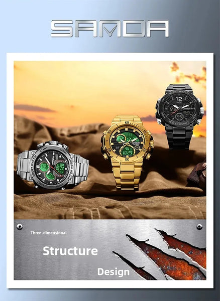 Solar-Powered Business Watch – Dual Display, Steel Band, Luminous Hands