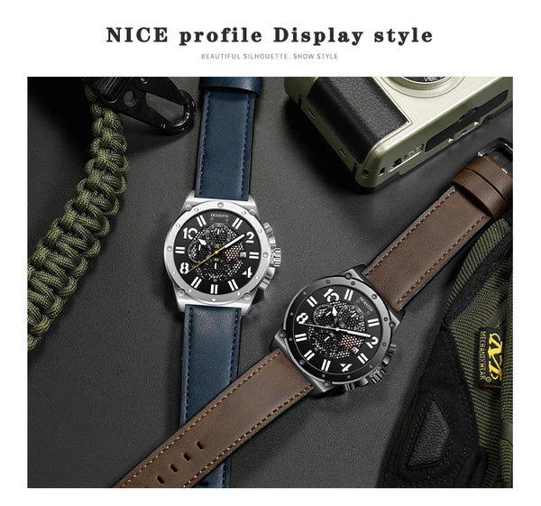 OCHSTIN Men’s Quartz Watch – Waterproof, Leather Strap, Luminous Hands, Multifunction Chronograph