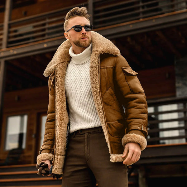 Men’s Leather Bomber Jacket – Fleece-Lined, Fur Lapel Collar, Warm Winter Coat, Plus Size Pilot Style