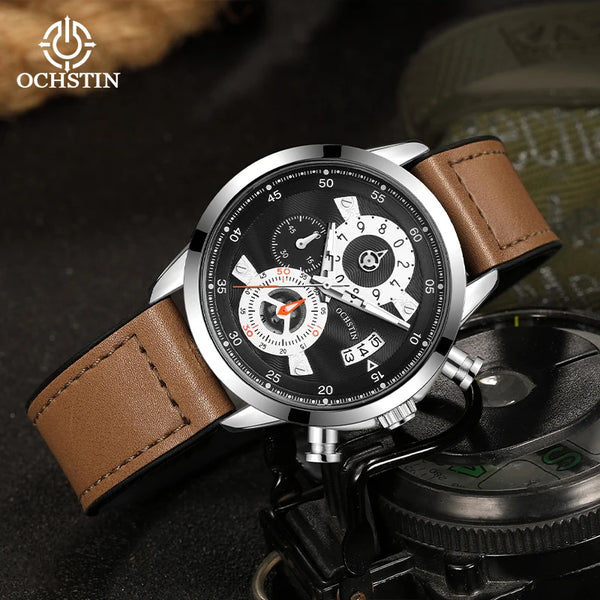OCHSTIN Men’s Quartz Watch – Waterproof, Leather-Covered Rubber Strap, Classic Casual Wristwatch