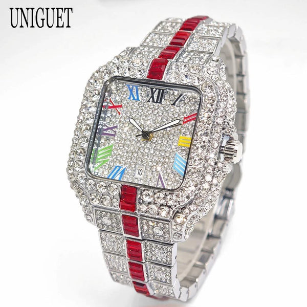 2025 Men's Luxury Watch – Rainbow Dial, Diamond Bling, Waterproof, Hip Hop Style