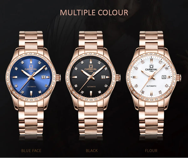 CARNIVAL Women’s Automatic Watch – Rose Gold, Stainless Steel, Calendar, Luminous, Waterproof Mechanical 8685
