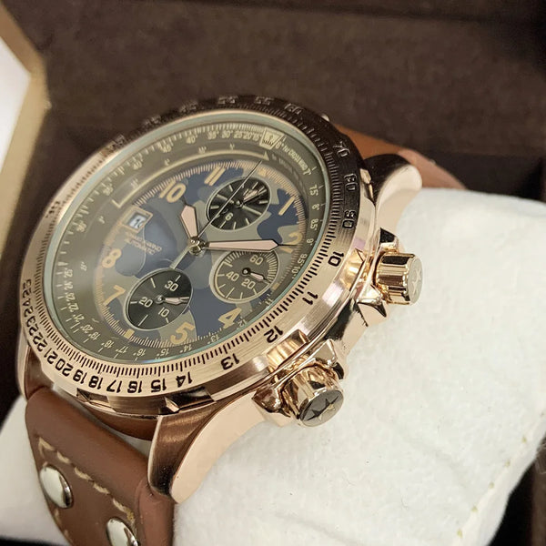 Men's Chronograph Watch – Blue Camouflage Dial, Yellow Accents, Luminous Hands, Leather Canvas Strap, Multifunction Movement