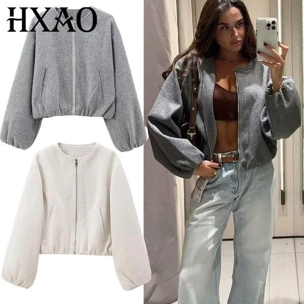 HXAO Women's Cropped Bomber Jacket – Faux Wool Zip-Up Coat, Long Sleeve Autumn/Winter Outerwear in Gray & Beige
