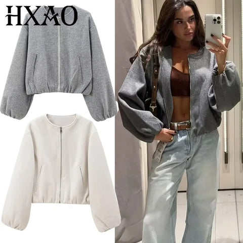 HXAO Women's Cropped Bomber Jacket – Faux Wool Zip-Up Coat, Long Sleeve Autumn/Winter Outerwear in Gray & Beige