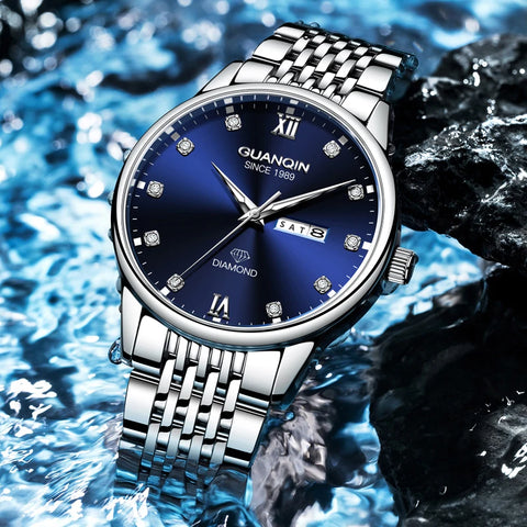 GUANQIN Men's Luxury Quartz Watch – Dual-Language Date, Waterproof, Luminous