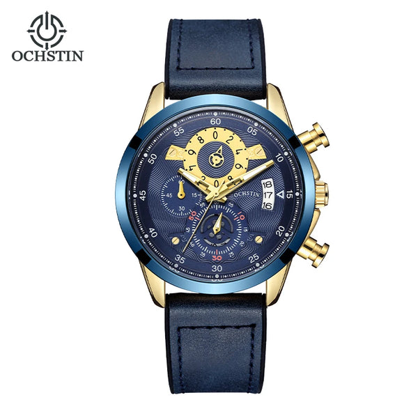 OCHSTIN Men’s Quartz Watch – Waterproof, Leather-Covered Rubber Strap, Classic Casual Wristwatch