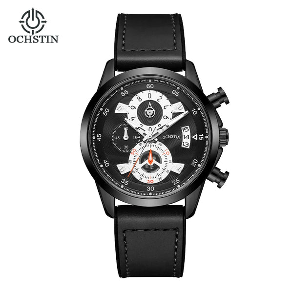 OCHSTIN Men’s Quartz Watch – Waterproof, Leather-Covered Rubber Strap, Classic Casual Wristwatch