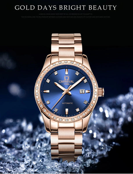 CARNIVAL Women’s Automatic Watch – Rose Gold, Stainless Steel, Calendar, Luminous, Waterproof Mechanical 8685