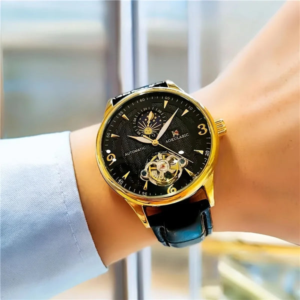 High-End Men’s Watch – Skeleton Dial, Automatic Movement, Leather Band, Business Style, No Battery Needed