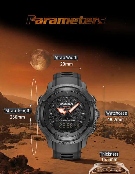 The NORTH EDGE MARS Pro is a rugged, multifunctional digital watch designed for outdoor enthusiasts, military use, and adventure seekers. It features a carbon fiber case, altimeter, barometer, compass, and 50M water resistanc