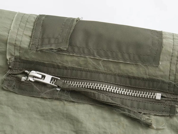 Women's Oversized Army Green Bomber Jacket – Streetwear Patchwork Style with Zipper Pockets, 2025 Fall/Winter Fashion