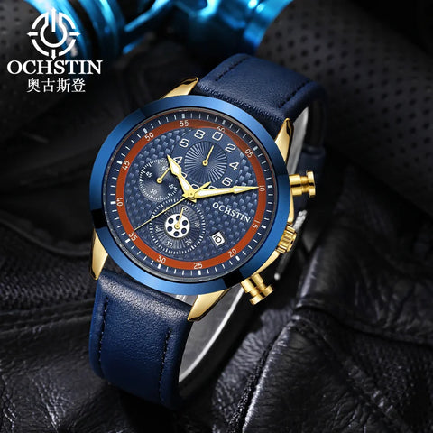 OCHSTIN Men’s Quartz Chronograph Watch – Waterproof, Leather Strap, Luminous Hands, Luxury Wristwatch