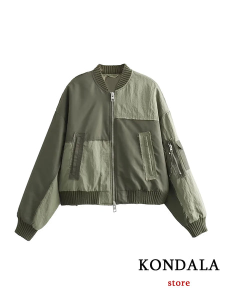 Women's Oversized Army Green Bomber Jacket – Streetwear Patchwork Style with Zipper Pockets, 2025 Fall/Winter Fashion