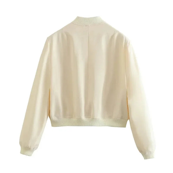 Women's White Cropped Bomber Jacket – Button-Up Baseball Aviator Style, Long Sleeve Autumn/Winter Coat