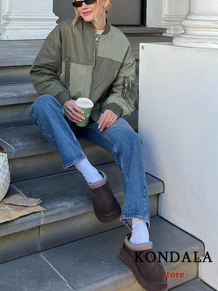 Women's Oversized Army Green Bomber Jacket – Streetwear Patchwork Style with Zipper Pockets, 2025 Fall/Winter Fashion