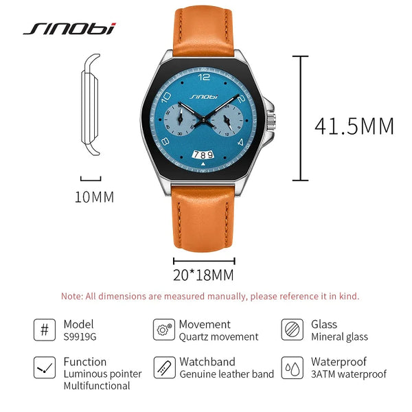 SINOBI Men’s Quartz Watch – Fashion Leather Strap, Waterproof, Top Brand Gift Wristwatch