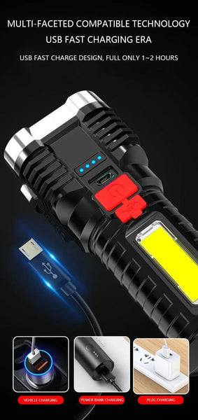 5LED High Power Led Flashlights Rechargeable Camping Spotlight with Side Light 3 Lighting Modes for Camping Adventure Outdoor