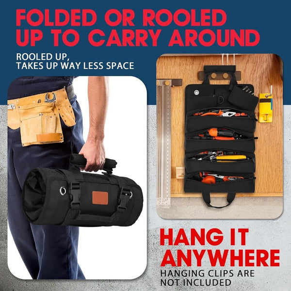 Heavy Duty Roll Up Tool Bag Portable Tool Organizer with 2 Small Pouches for Mechanics Foldable Storage Solution