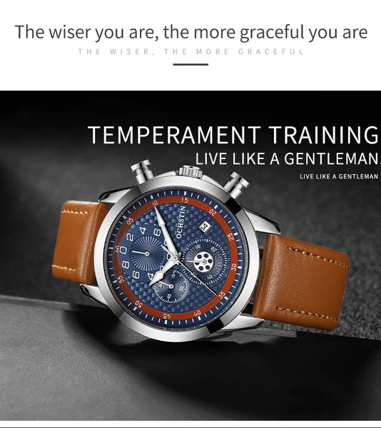 OCHSTIN Men’s Quartz Chronograph Watch – Waterproof, Leather Strap, Luminous Hands, Luxury Wristwatch
