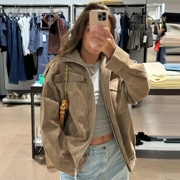 HXAO Leather Jacket Women Autumn Oversized Bomber Jacket New In Coats & Jackets Stand Collar Long Sleeve Tops Fashion Outerwear