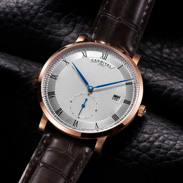 Carnival Men’s Luxury Watch – Automatic Mechanical, Waterproof, Rose Gold/Silver, Calendar