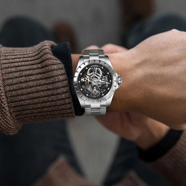 Boderry Windmill Men's Skeleton Watch – Automatic Mechanical Waterproof Sports Wristwatch, Stylish Fashion Timepiece
