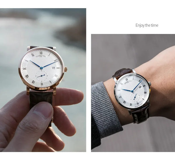 Carnival Men’s Luxury Watch – Automatic Mechanical, Waterproof, Rose Gold/Silver, Calendar