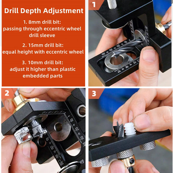 3 In 1 Adjustable Doweling Jig Woodworking Pocket Hole Jig with 6/8/10/12/15mm Drill Bit for Drilling Guide Locator Puncher Tool