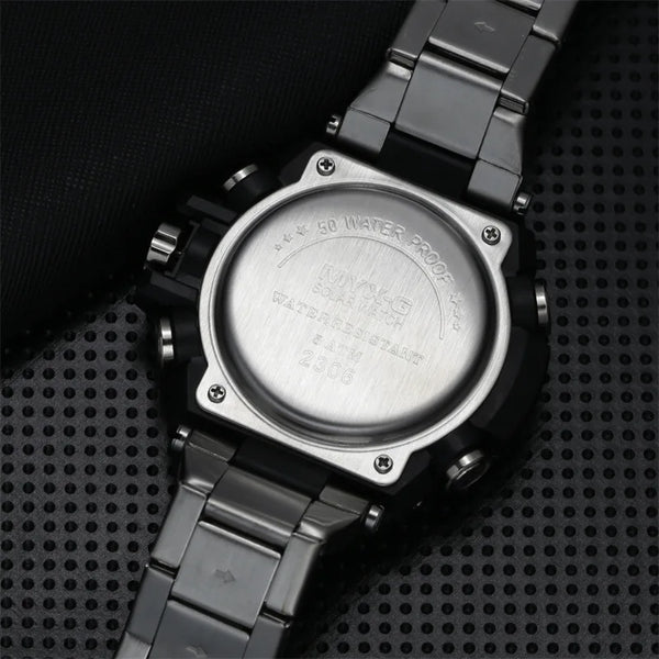Men’s Eco Drive Watch – Solar + Motion Power, Windmill Dial
This solar-powered men's watch combines kinetic energy, alarm and timer functions, and a unique rotating windmill design—all housed in a durable all-steel body