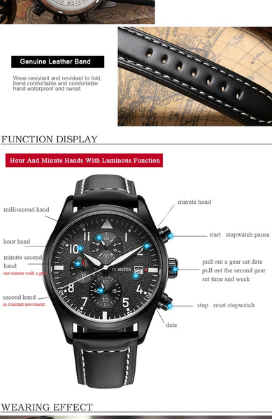 OCHSTIN Men’s Sports Watch – Waterproof Quartz, Calendar, Three-Eye Dial, Leather Strap, Fashion Casual