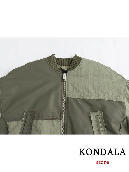 Women's Oversized Army Green Bomber Jacket – Streetwear Patchwork Style with Zipper Pockets, 2025 Fall/Winter Fashion