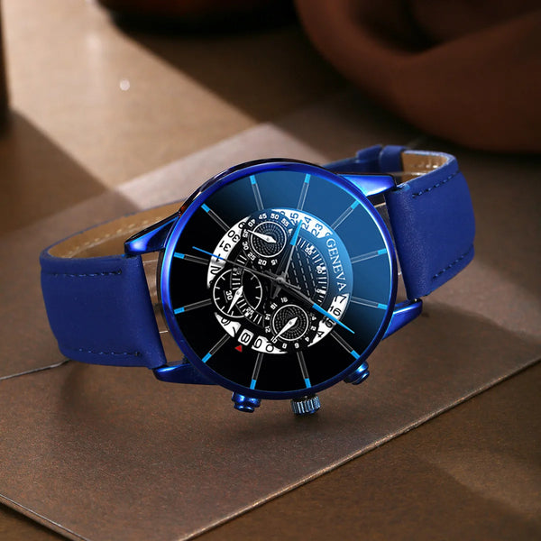 3pcs Men's Fashion Atmospheric Simple Trend Large Disc Business Quartz Watch High-end Luxury Blue Bracelet Two-Piece Set
